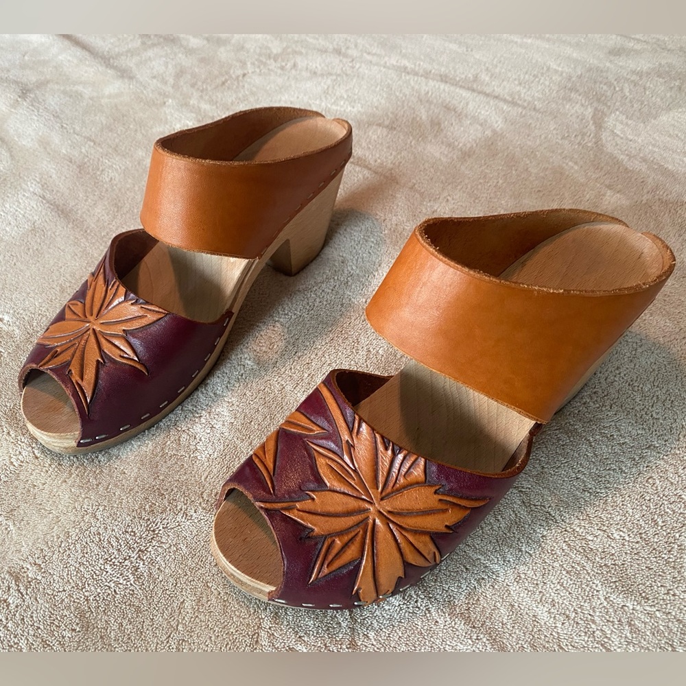 Handmade Mexican leather wooden heeled sandal clogs size 37/6-6.5 women’s